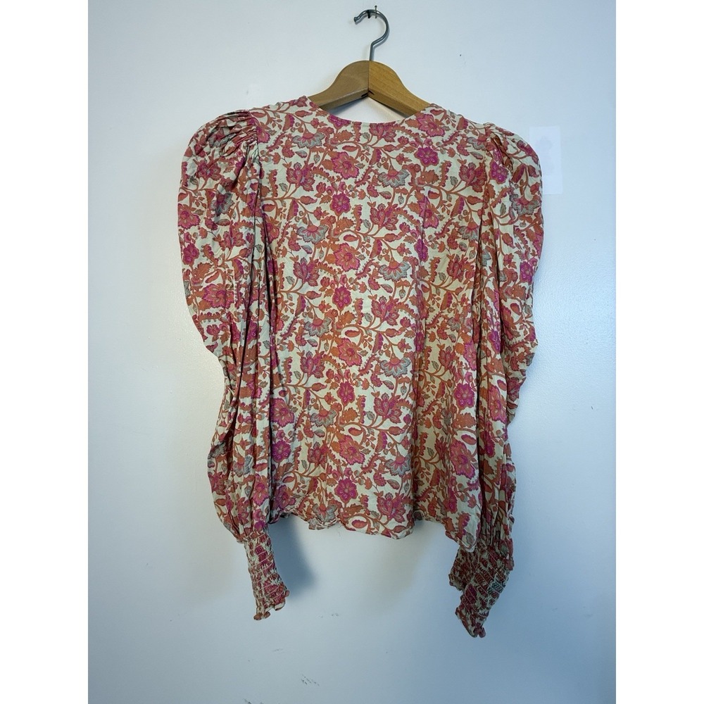 River Island Floral Puff Sleeve Blouse Pink Orange Boho Cottagecore US 4/6